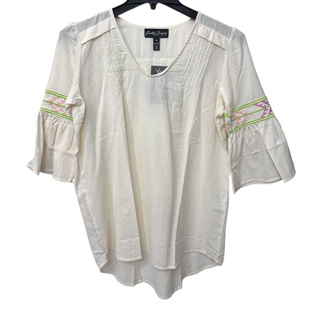 NWT Gretty Zueger Tunic Womens M Ivory Aztec Embroidered Top‎